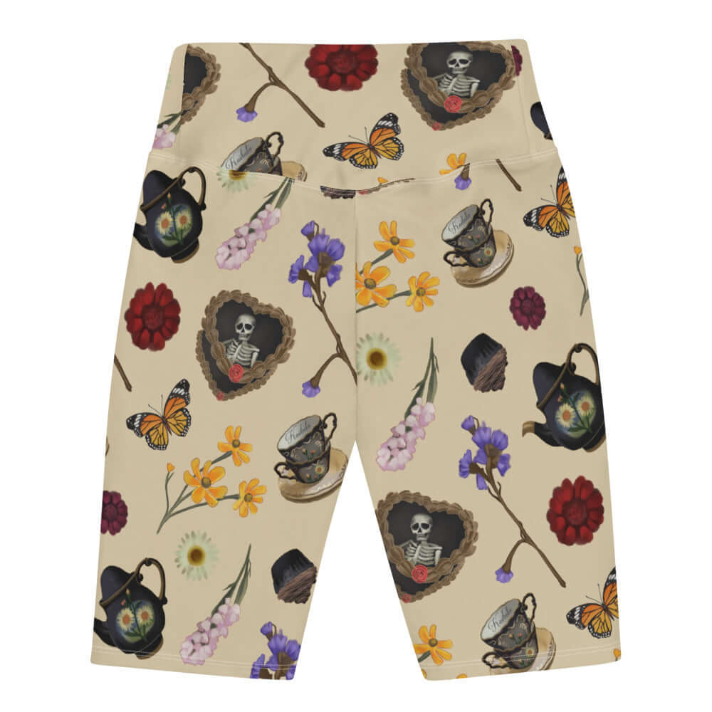 Gothic Tea Time Biker Shorts feature a unique floral and skull design, perfect for comfort and style.