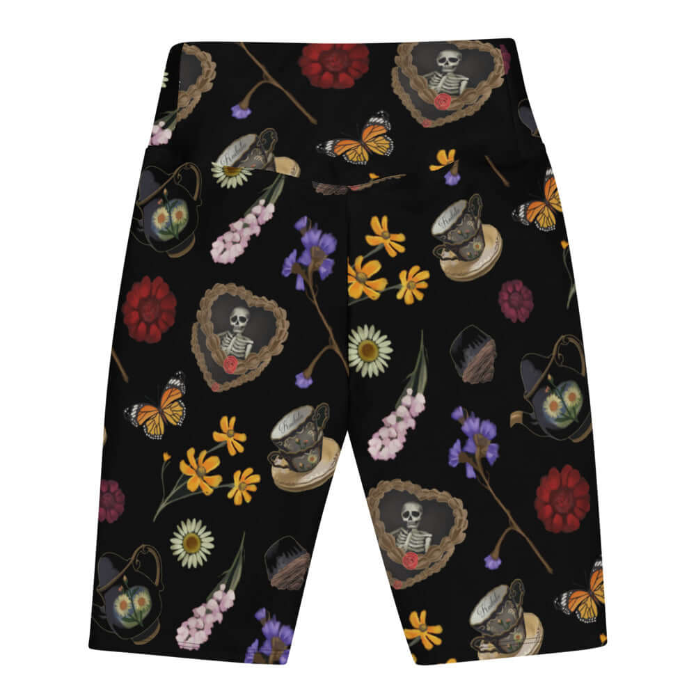 High-waisted Gothic Tea Time Biker Shorts featuring a floral and skeleton design, perfect for comfort and style.