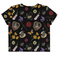 Stylish Gothic Tea Time Crop Top features a whimsical floral and tea motif, perfect for unique tea time gatherings.