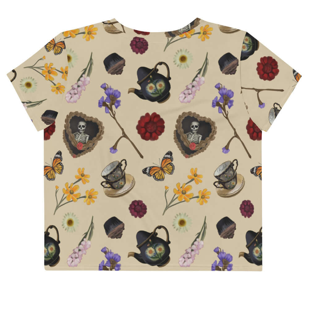 Gothic Tea Time Crop Top features a unique design with tea sets and flowers, perfect for stylish tea time gatherings.
