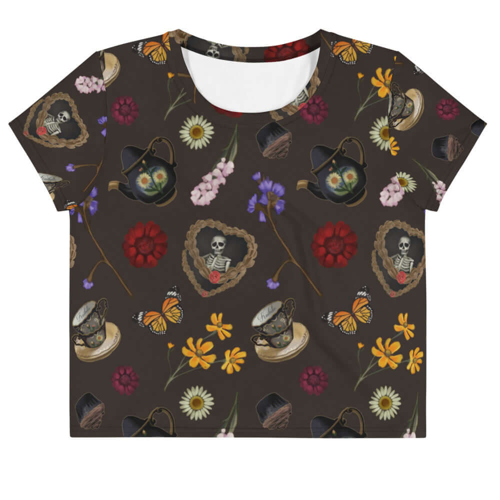 Gothic Tea Time Crop Top features a dark floral design, perfect for stylish tea time gatherings.