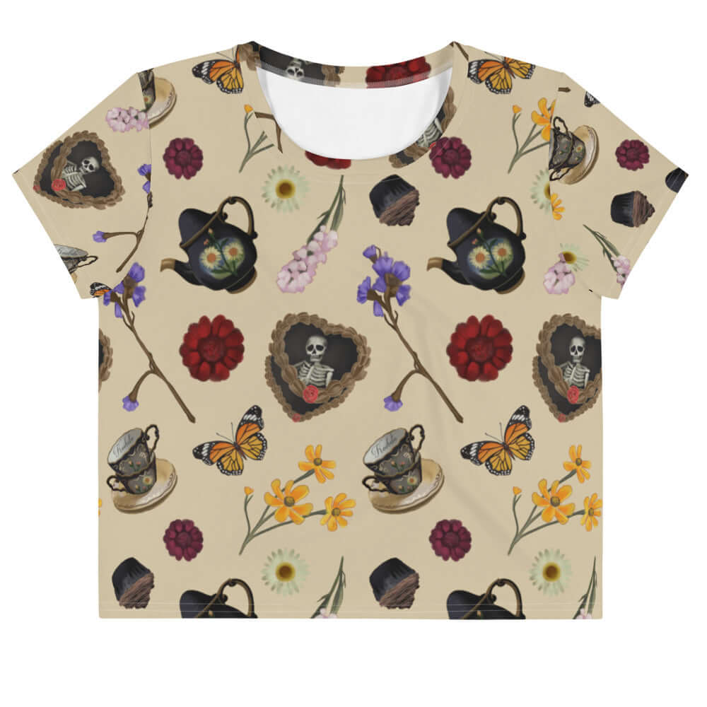 Gothic Tea Time Crop Top with a charming floral and skull design, perfect for adding intrigue to any outfit.