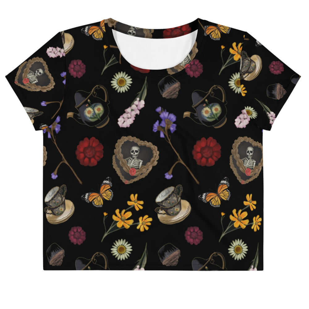 Express your style with the Gothic Tea Time Crop Top, featuring dark floral patterns and quirky tea motifs.