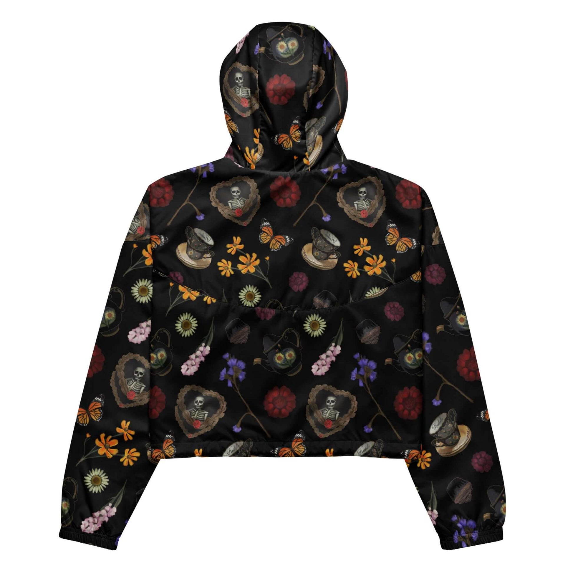 Stylish Gothic Tea Time cropped windbreaker with vibrant floral patterns, perfect for adventures in any weather.