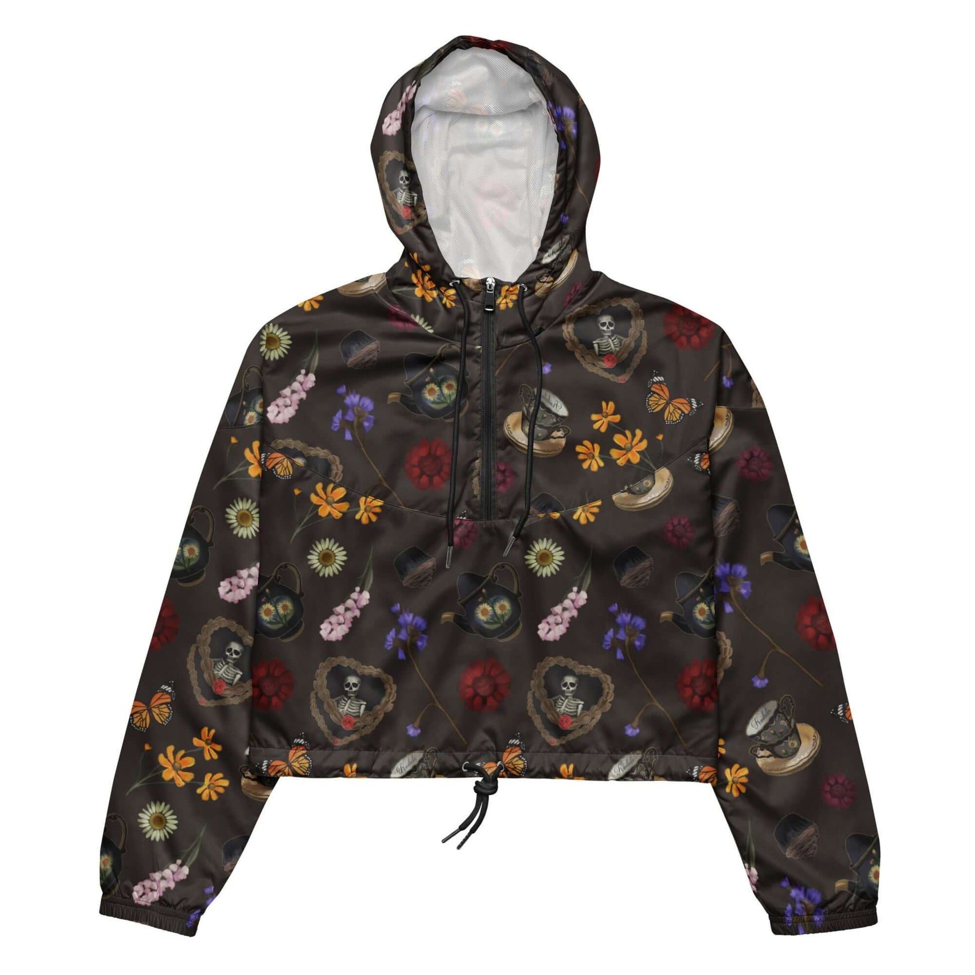 Stylish Gothic Tea Time cropped windbreaker with vibrant floral designs, perfect for adventures in any weather.