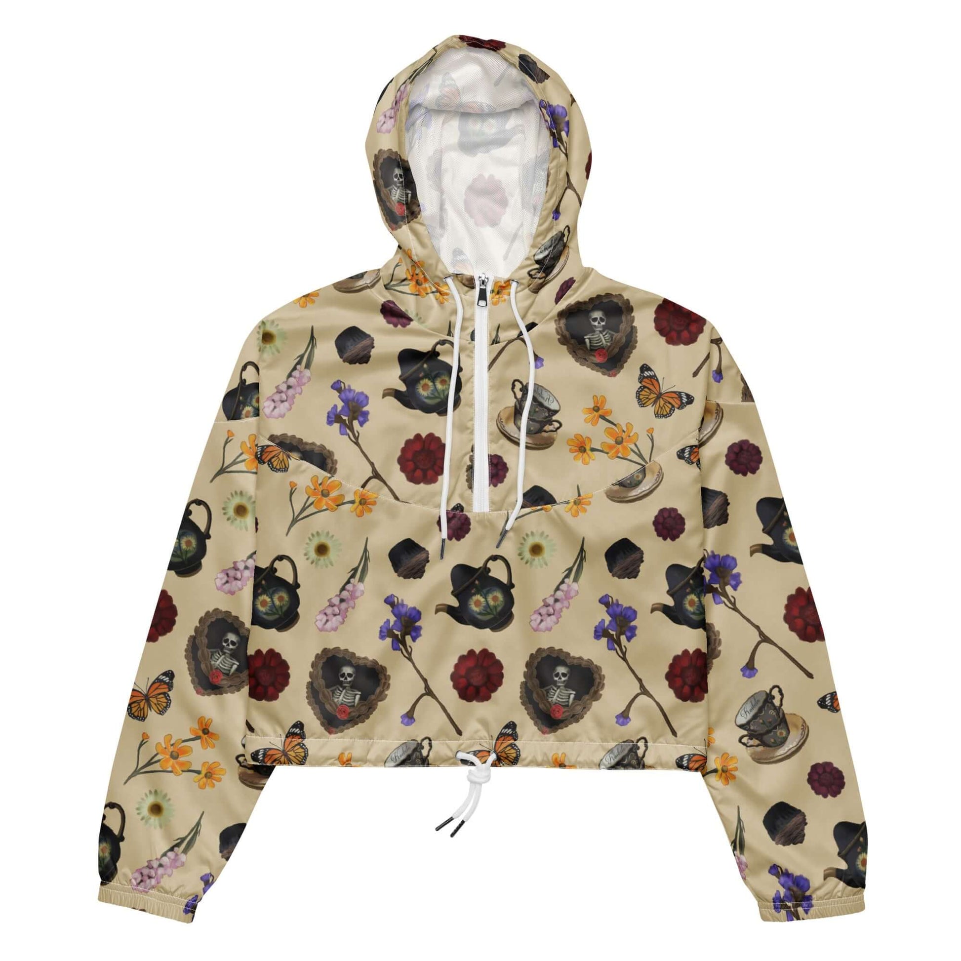 Lightweight and stylish, the Gothic Tea Time cropped windbreaker features unique prints and adjustable drawcords for comfort.