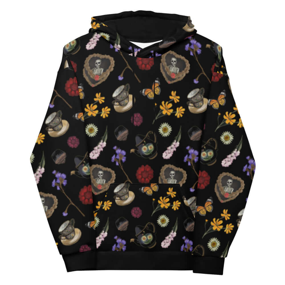 Gothic Tea Time Hoodie features a vibrant, dark print perfect for unique tea time gatherings. Ideal for any occasion!