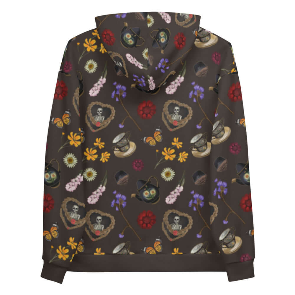 Gothic Tea Time Hoodie features a vibrant print with dark floral designs, perfect for unique tea time gatherings.