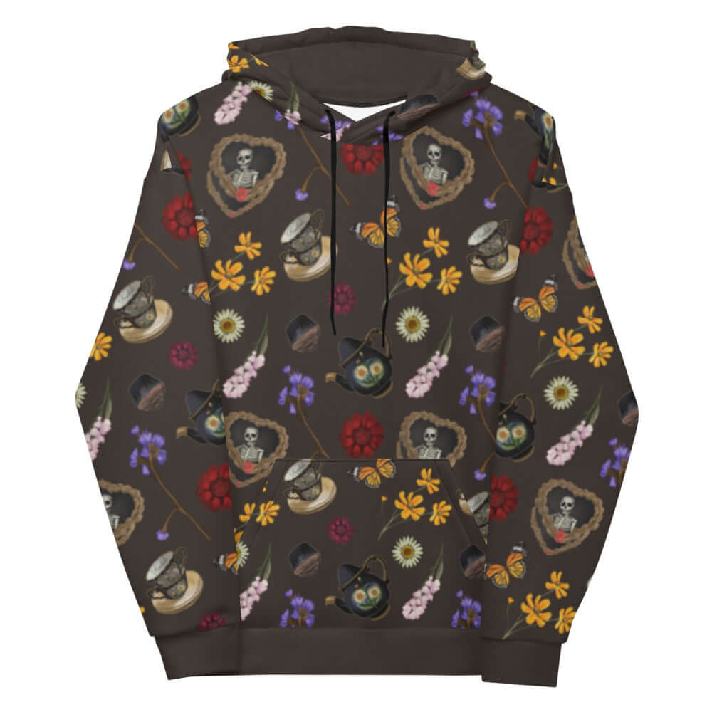 Stylish Gothic Tea Time Hoodie featuring vibrant prints, perfect for adding intrigue to your tea time hangouts.