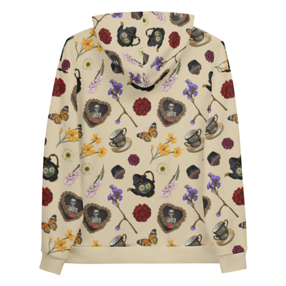 Gothic Tea Time Hoodie features a vibrant print of teapots and flowers, perfect for a darkly stylish tea time.