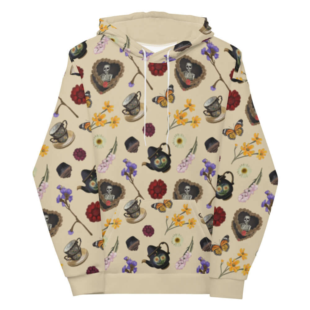 Gothic Tea Time Hoodie featuring vibrant prints of skulls, teapots, and flowers, perfect for a unique tea time style.