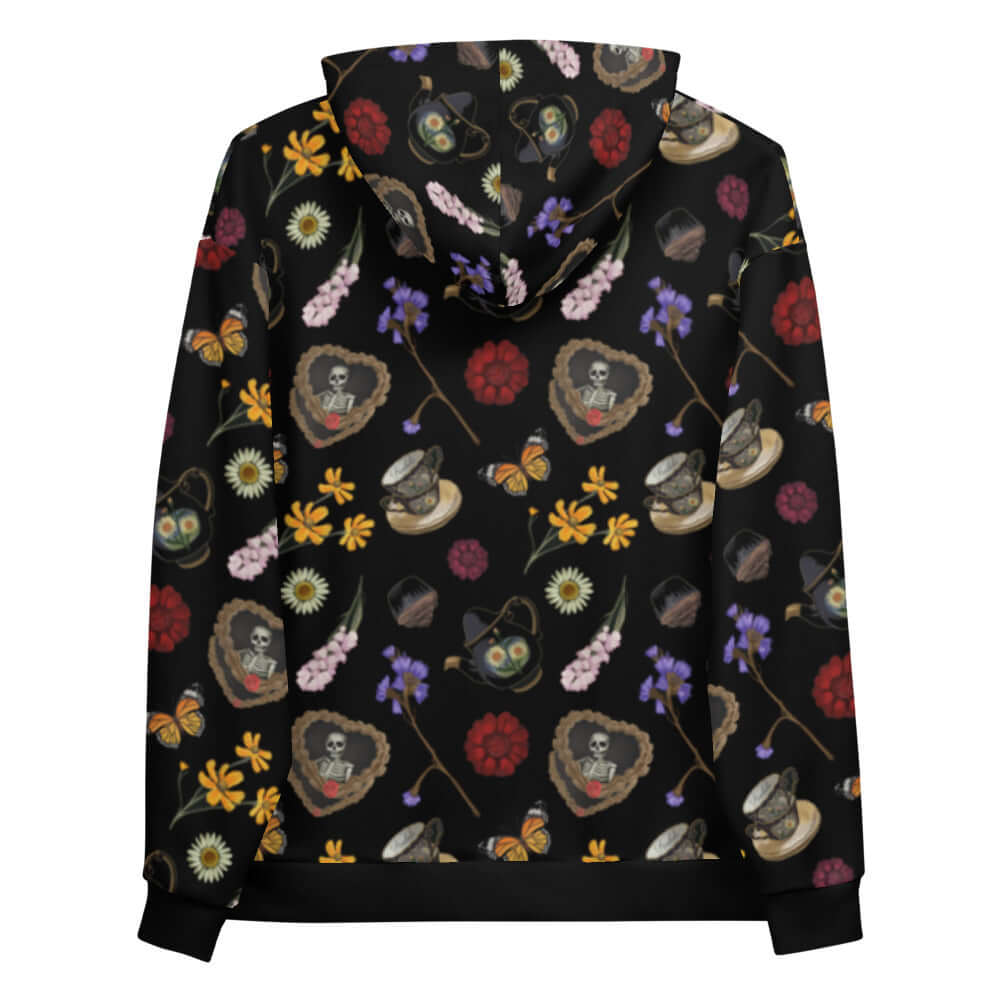Gothic Tea Time Hoodie featuring a vibrant floral and skull print, perfect for a cozy, stylish tea time.