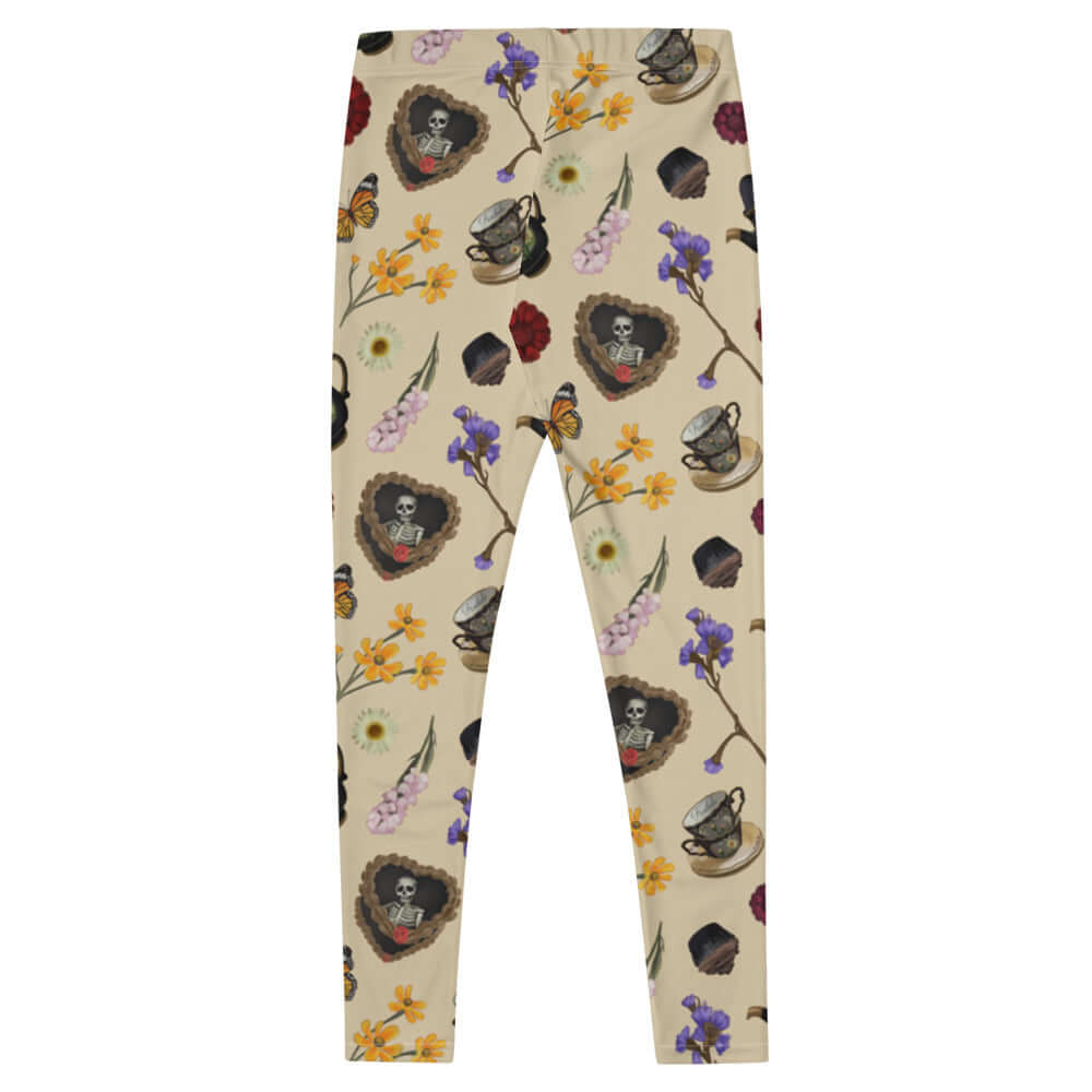 Gothic Tea Time Leggings feature delicate flowers and tea ware, perfect for a stylish goth look.