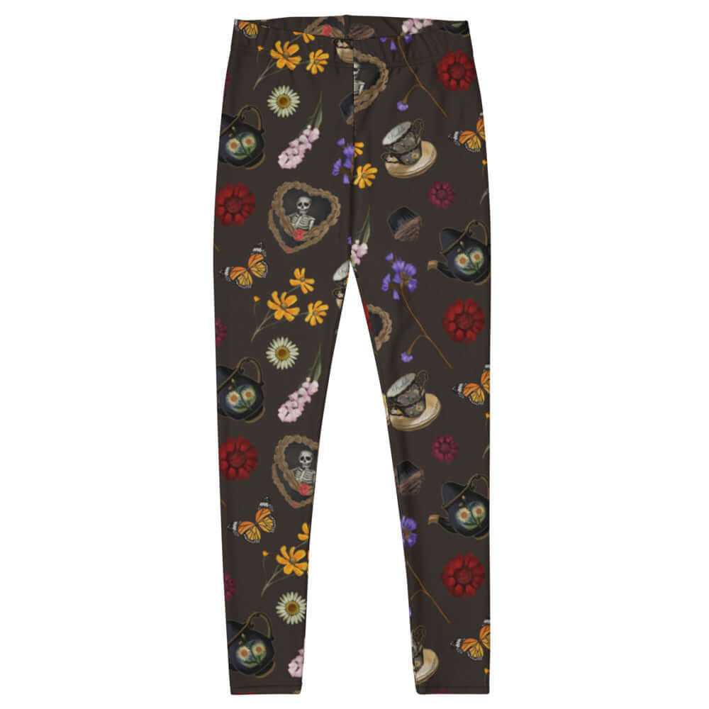 Gothic Tea Time Leggings feature a charming floral and tea ware design, perfect for a stylish goth look.
