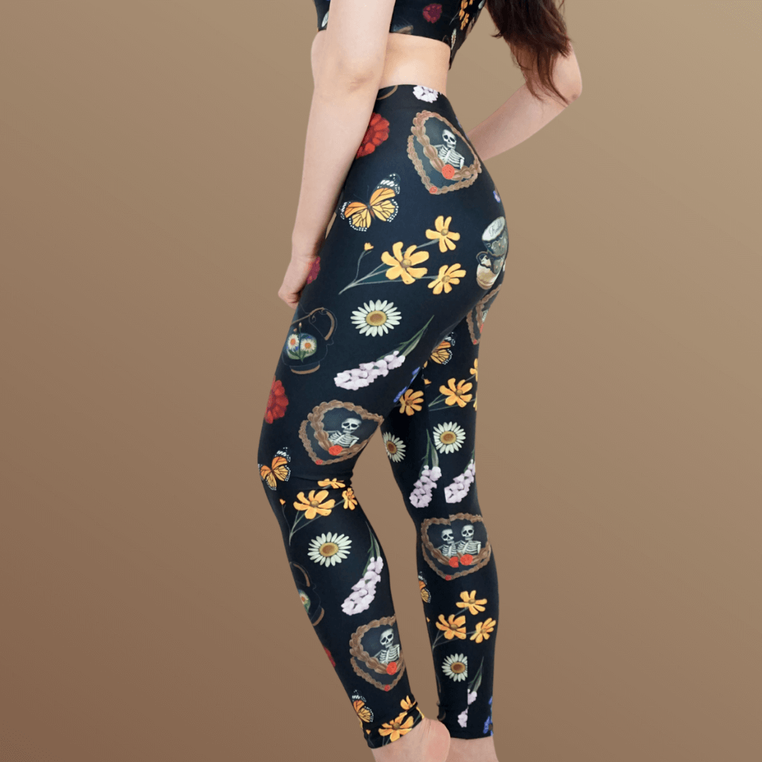 Gothic Tea Time Leggings feature floral and tea ware designs, perfect for a stylish goth look. Soft and comfortable!