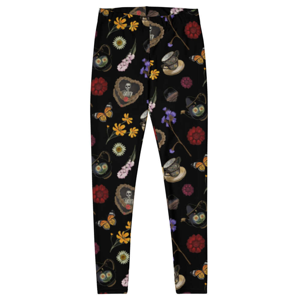 Gothic Tea Time Leggings feature delicate flowers and tea ware, perfect for a stylish, goth-inspired look.