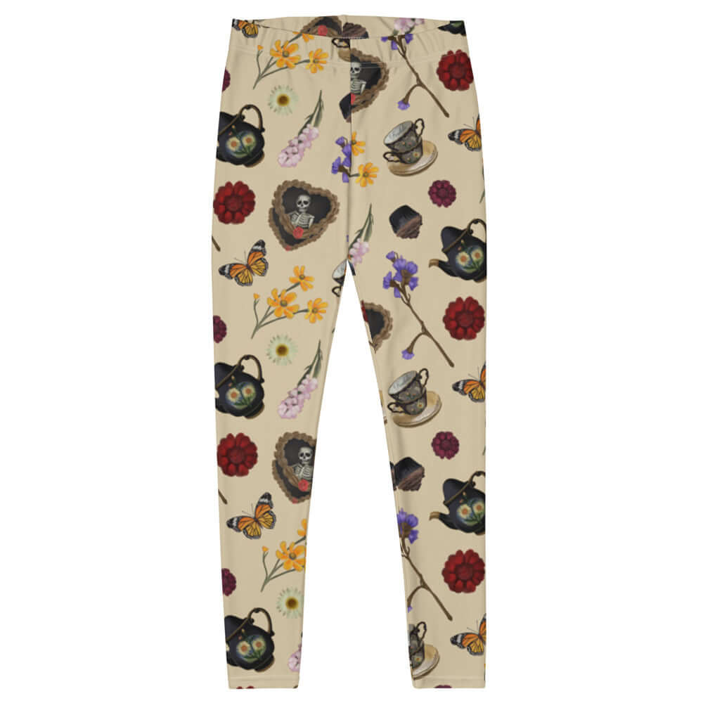 Gothic Tea Time Leggings feature elegant floral patterns and tea ware, perfect for expressing your goth style.
