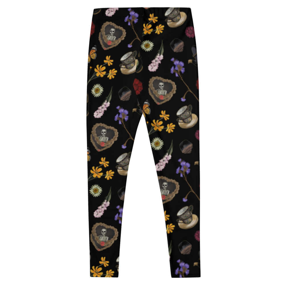 Gothic Tea Time Leggings feature a floral and tea ware pattern, perfect for a stylish goth look. Soft and comfortable.