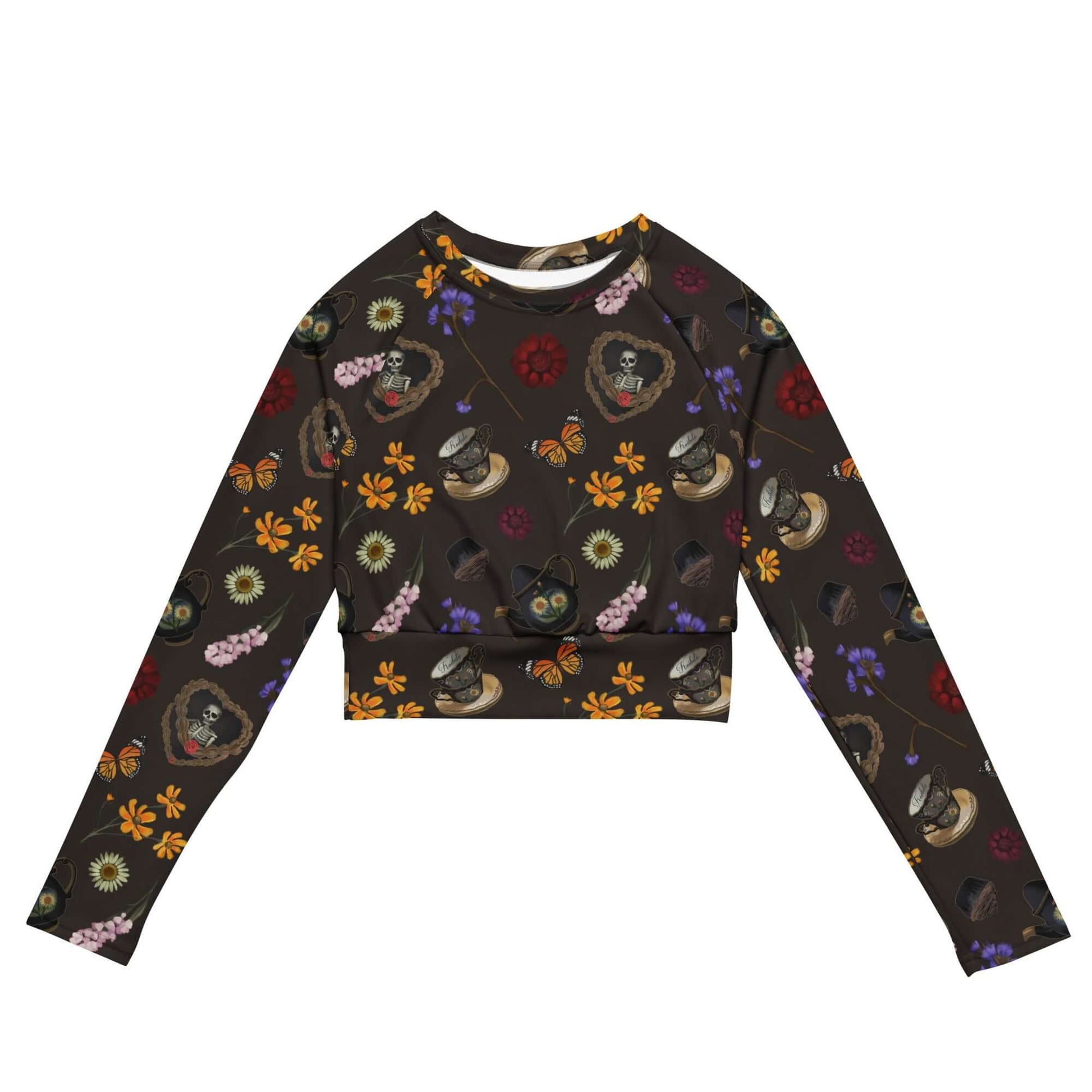 Gothic Tea Time Long-sleeved Crop Top features a vibrant floral design, made from recycled materials for eco-friendly style.