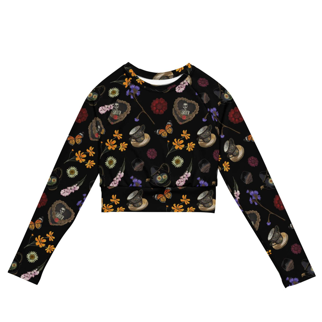 Gothic Tea Time Long-sleeved Crop Top featuring eco-friendly fabric and unique floral prints for stylish athleisure wear.