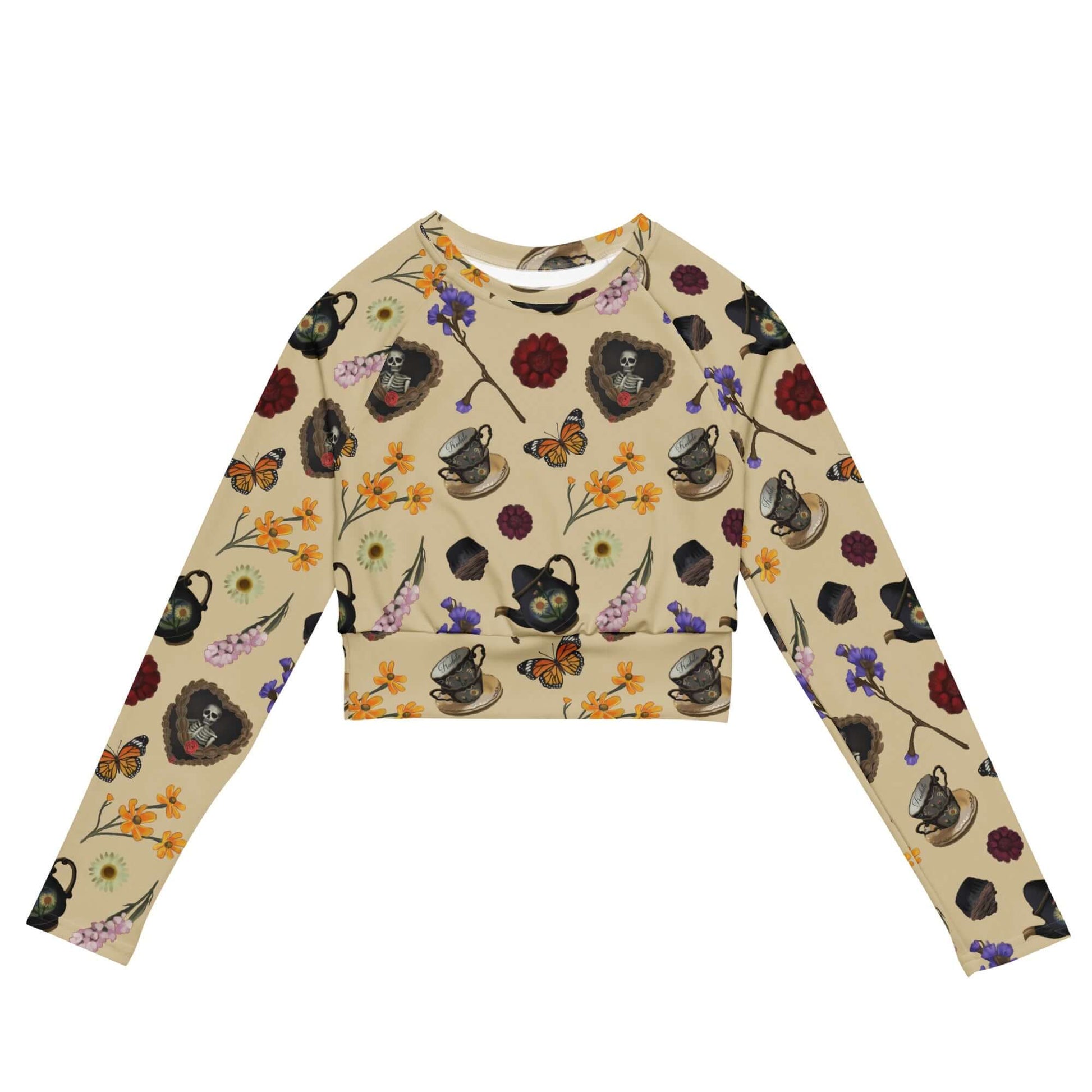 Gothic Tea Time Long-sleeved Crop Top features a charming design, perfect for eco-conscious athleisure outfits.