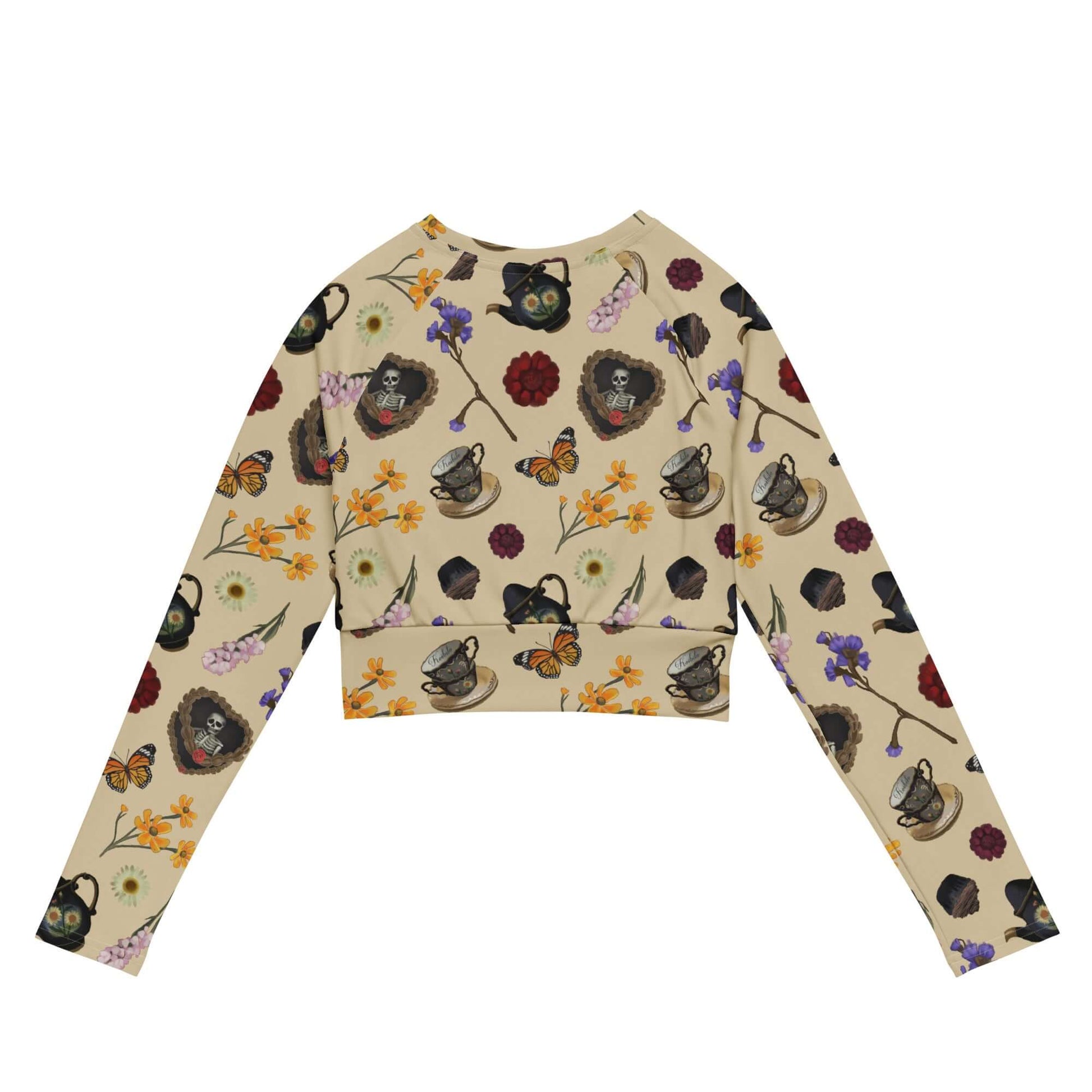 Stylish Gothic Tea Time Long-sleeved Crop Top features eco-friendly fabric and a comfortable double-layered waist.