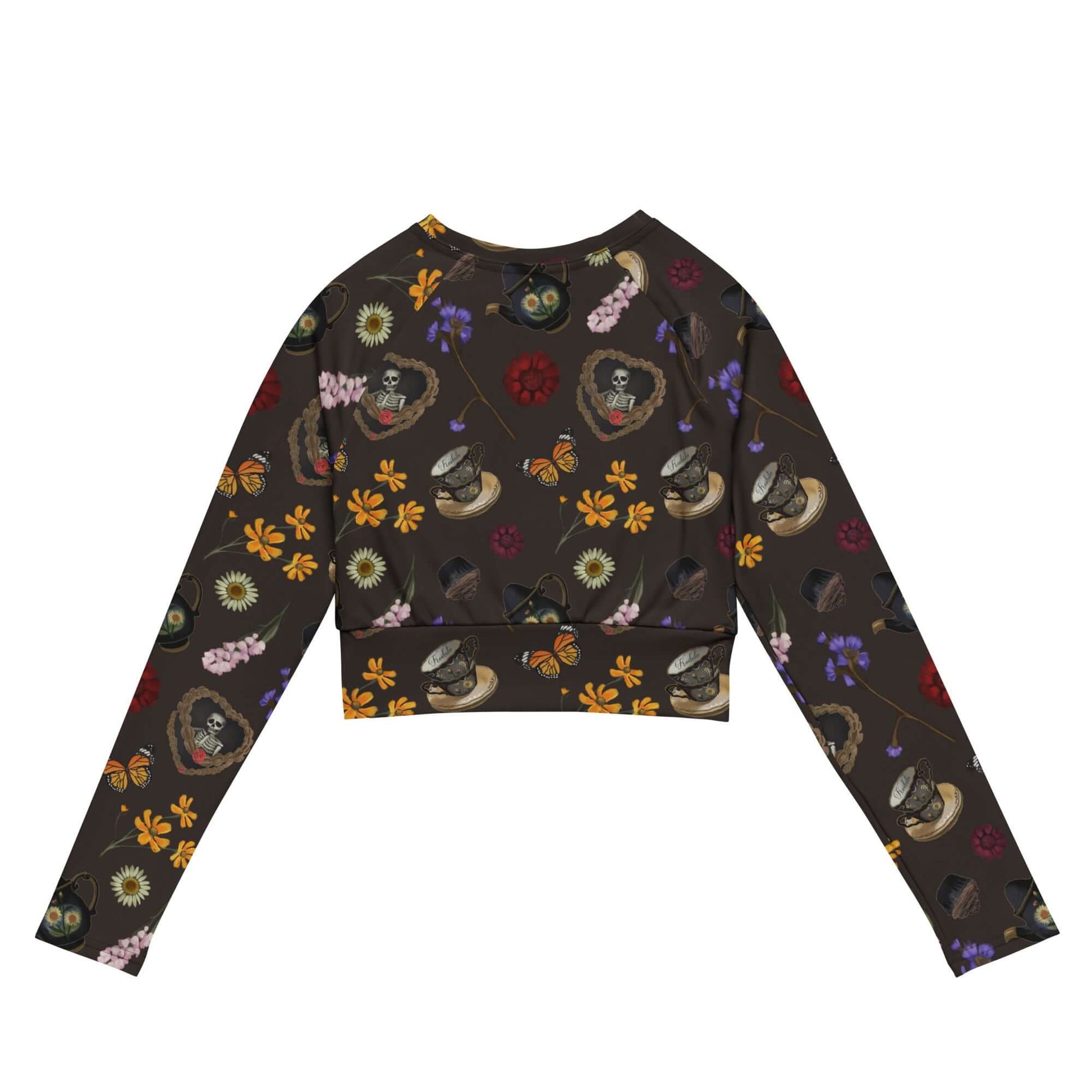 Gothic Tea Time Long-sleeved Crop Top featuring a unique floral and skull design, perfect for eco-conscious fashion lovers.