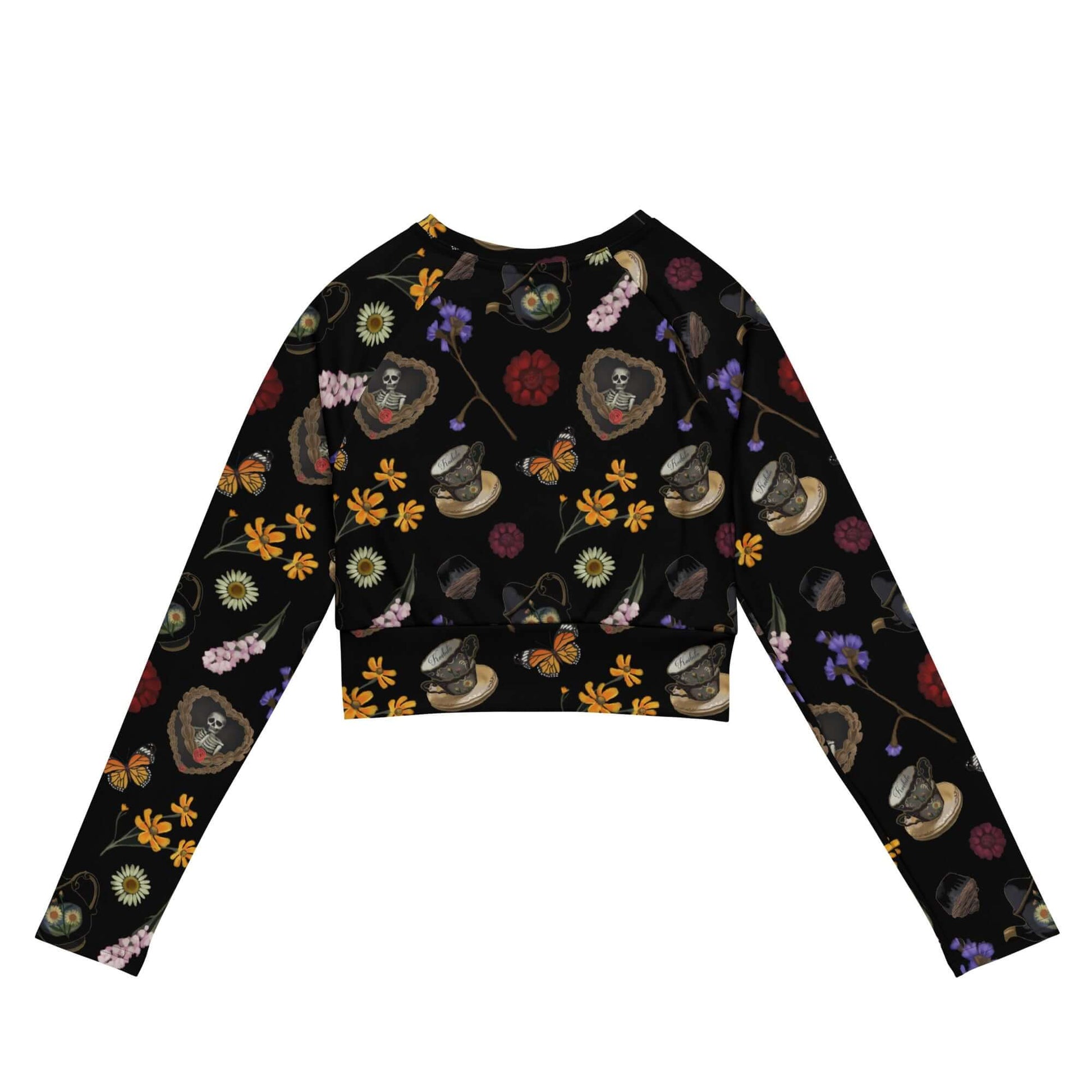 Gothic Tea Time Long-sleeved Crop Top features a vibrant floral design and eco-friendly materials for stylish comfort.
