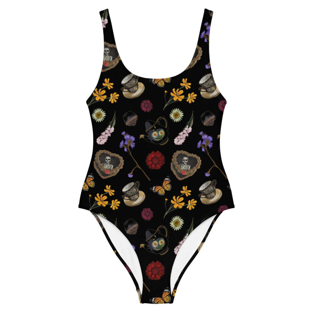 Gothic Tea Time One-Piece Swimsuit features a unique floral and skull design, perfect for showcasing personality at the pool.