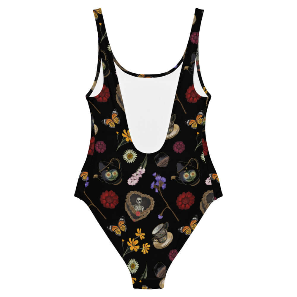 Gothic Tea Time One-Piece Swimsuit features a unique design perfect for showcasing personality by the pool.