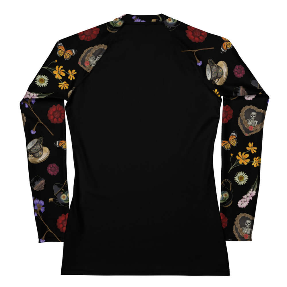 Gothic Tea Time Rash Guard features a unique floral design, perfect for active wear and sun protection.