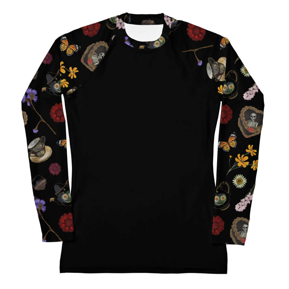 Gothic Tea Time Rash Guard features a unique floral and skull design, perfect for active lifestyles and sun protection.