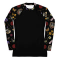 Gothic Tea Time Rash Guard features a unique floral and skull design, perfect for active lifestyles and sun protection.