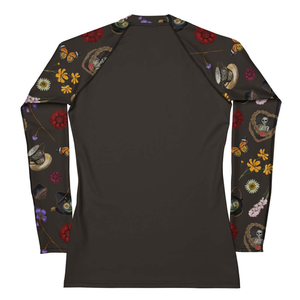 Gothic Tea Time Rash Guard features a floral and skull design, perfect for active outdoor adventures and sun protection.