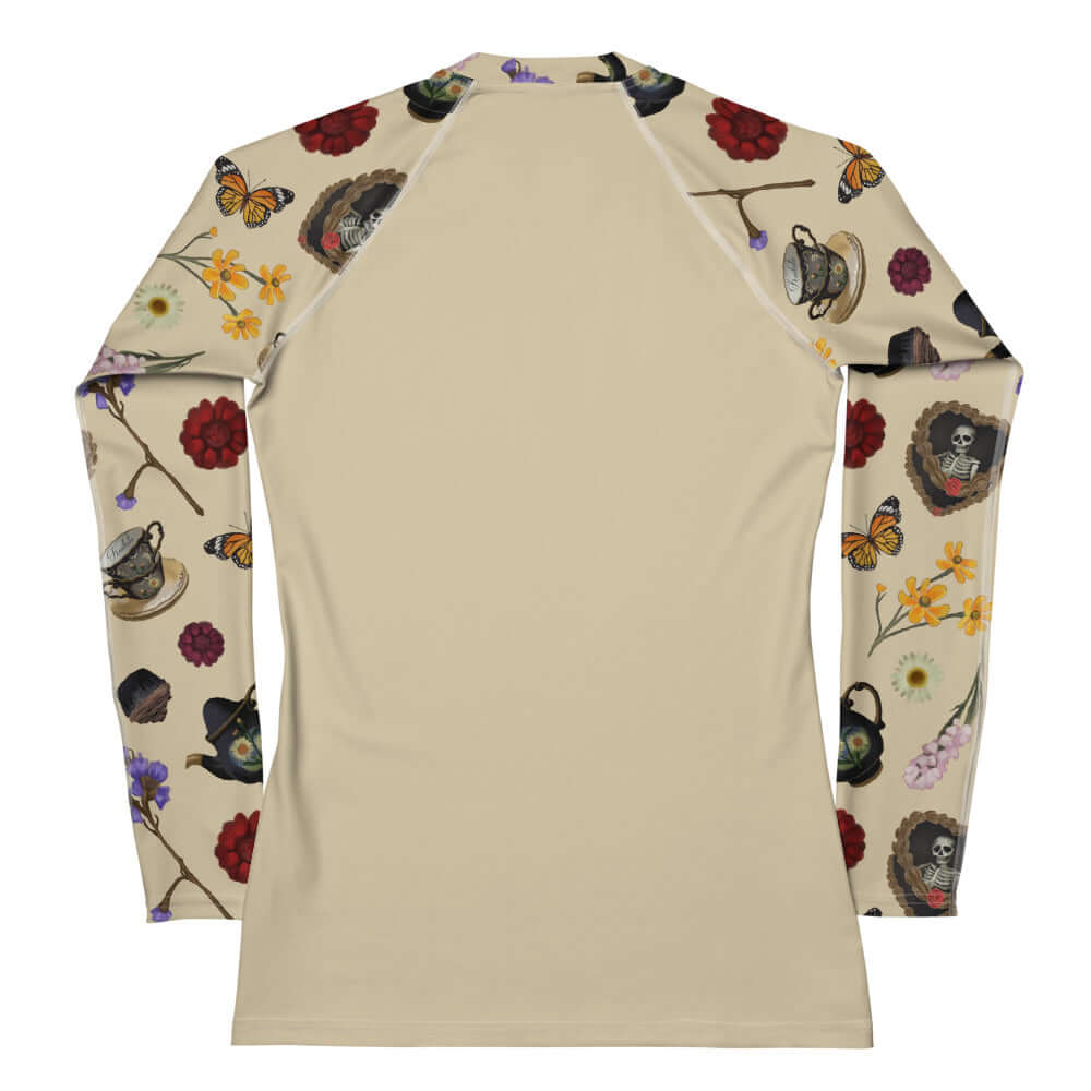 Gothic Tea Time Rash Guard features a unique floral and tea motif, perfect for active days outdoors.