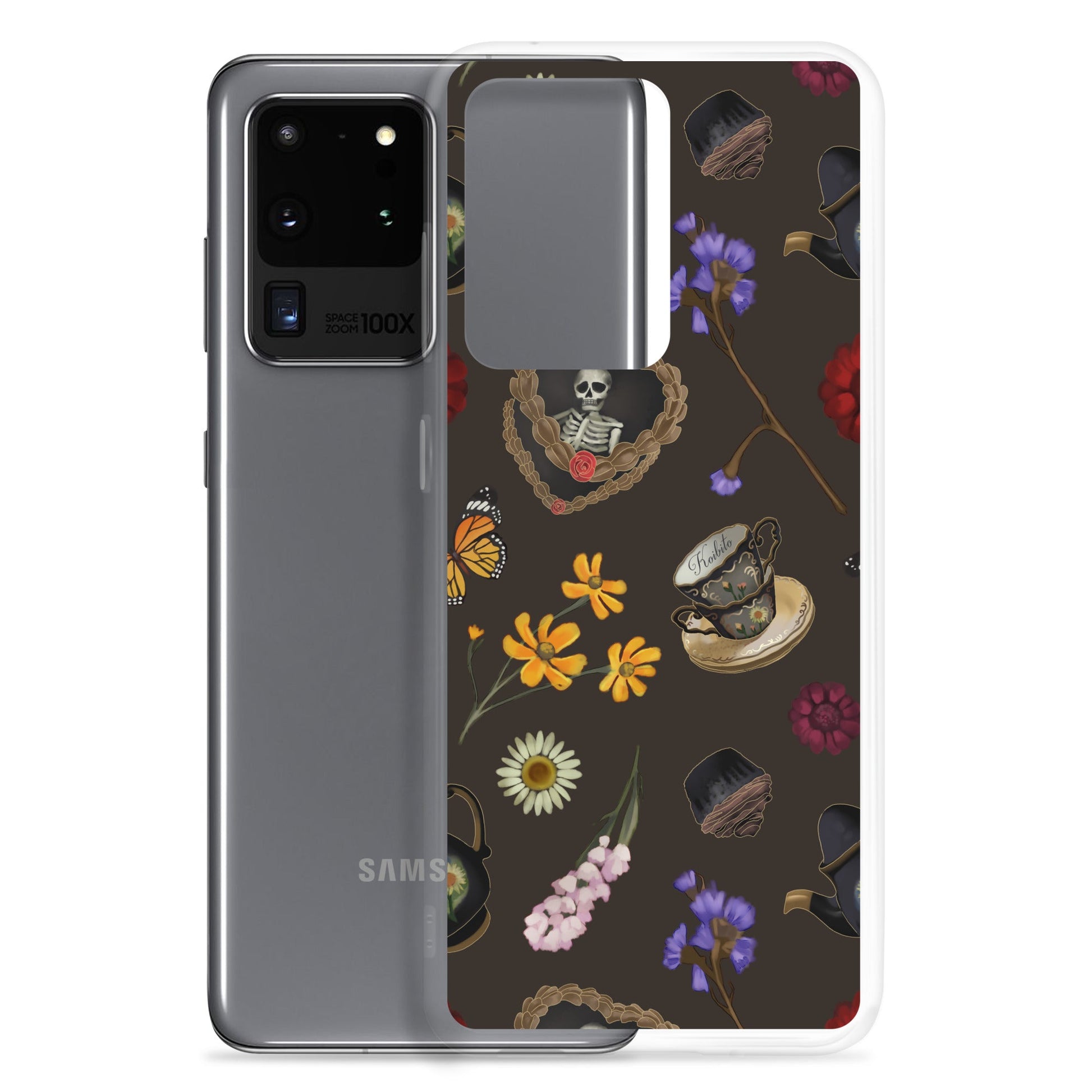Stylish Gothic Tea Time Samsung® Clear Case showcasing floral and skull designs for ultimate phone protection.