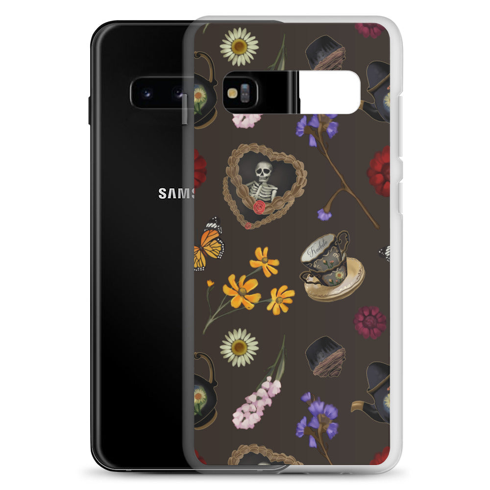 Stylish Gothic Tea Time Samsung® Clear Case showcasing floral and skull designs, combining protection with unique art.