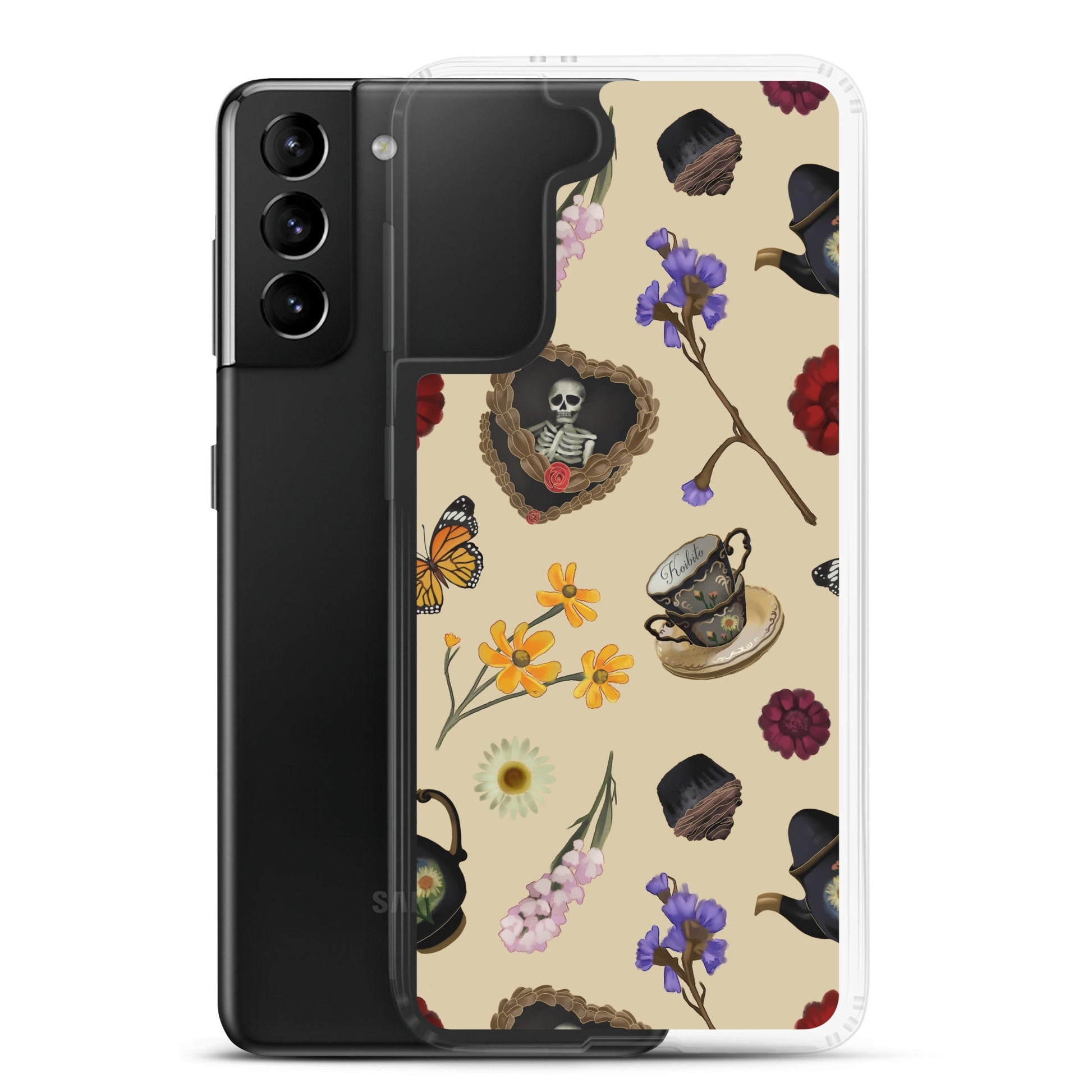 Gothic Tea Time Samsung® Clear Case featuring a stylish design, ideal for protecting your phone with flair.