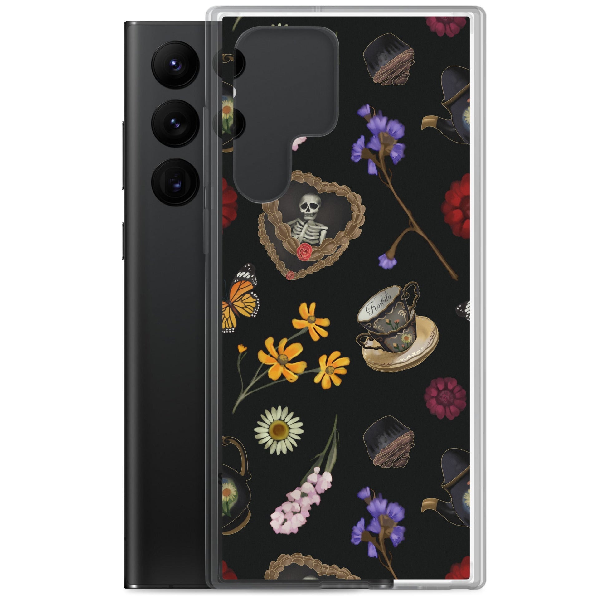 Sleek Gothic Tea Time Samsung® Clear Case with floral and skull design, protecting your phone from scratches and dust.