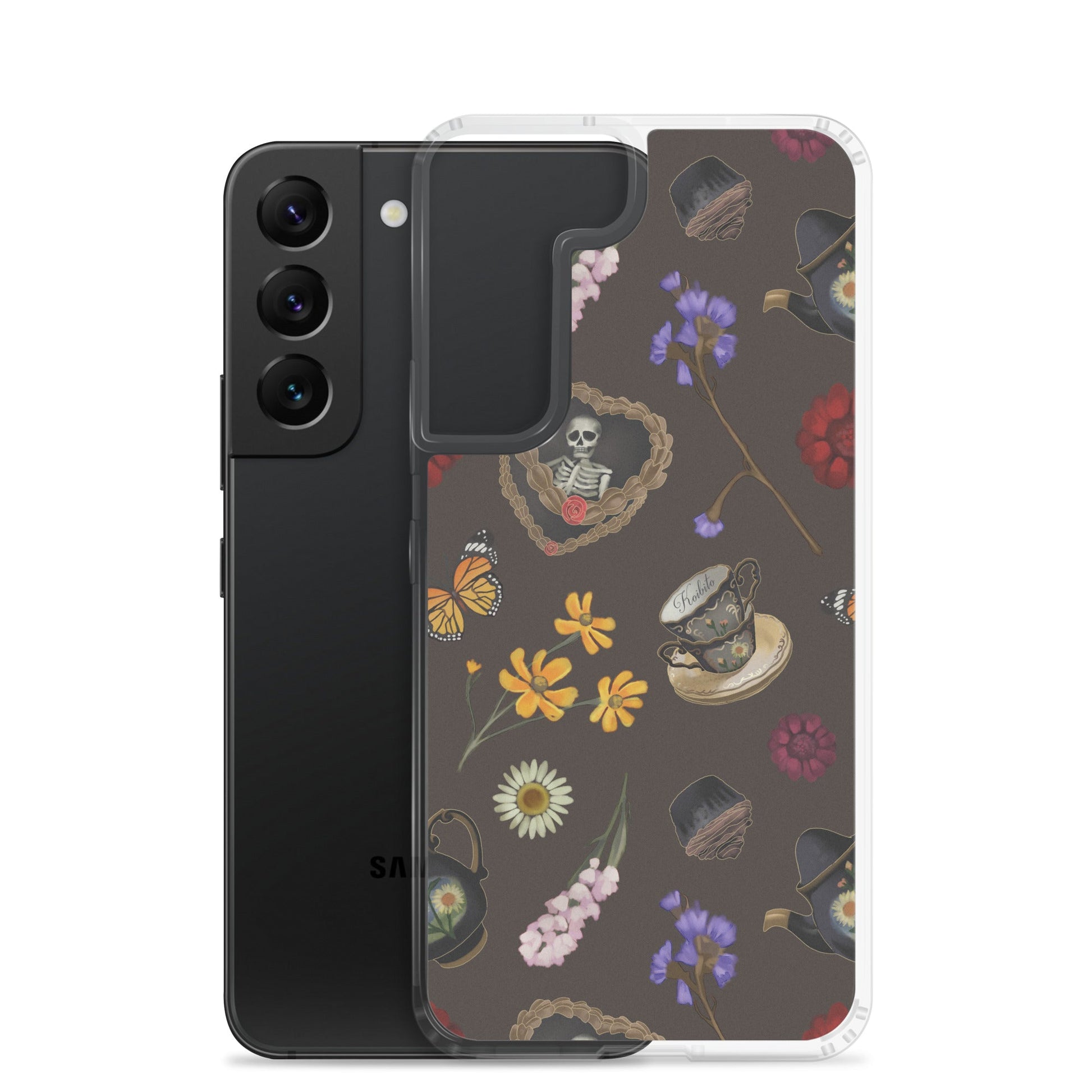 Protect your phone stylishly with the Gothic Tea Time Samsung® Clear Case featuring elegant floral and gothic designs.