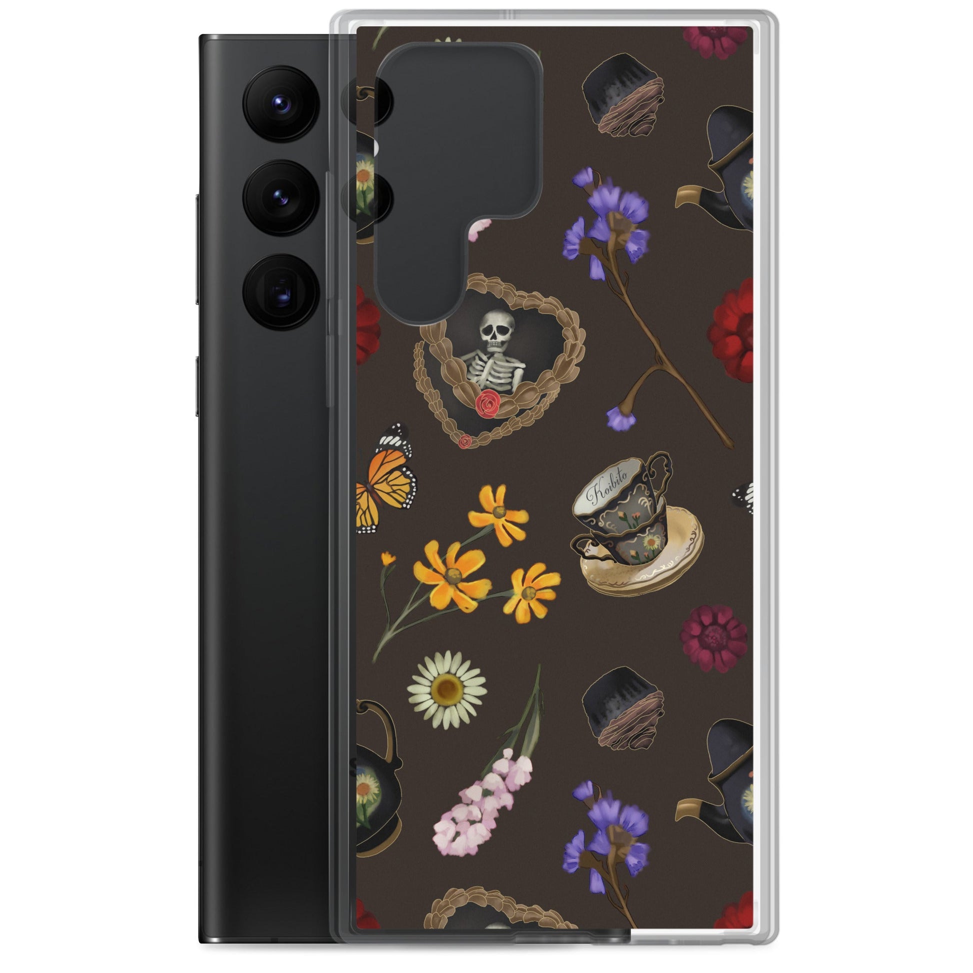 Gothic Tea Time Samsung® Clear Case featuring a whimsical floral design and durable protection for your device.