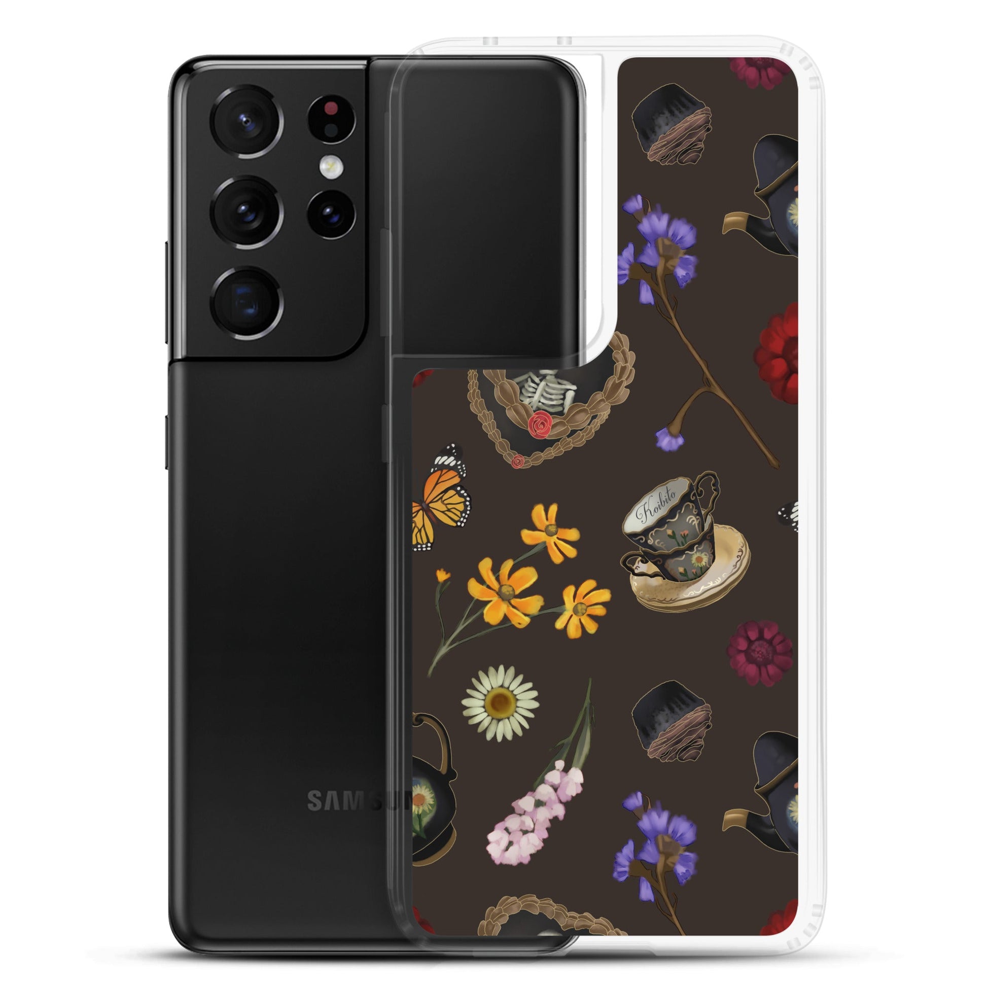 Gothic Tea Time Samsung® Clear Case showcases intricate designs, offering sleek protection for your phone against daily wear.