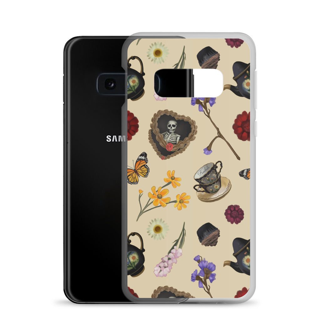 Gothic Tea Time Samsung® Clear Case with floral and skull designs, providing stylish protection for your phone.