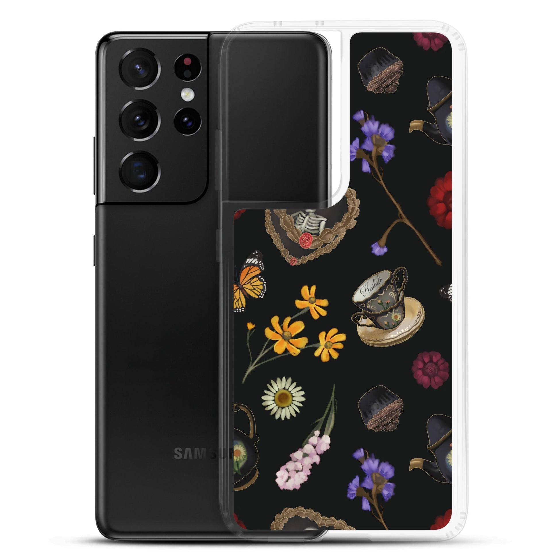 Gothic Tea Time Samsung® Clear Case showcases elegant floral designs, offering protection from scratches and dirt.