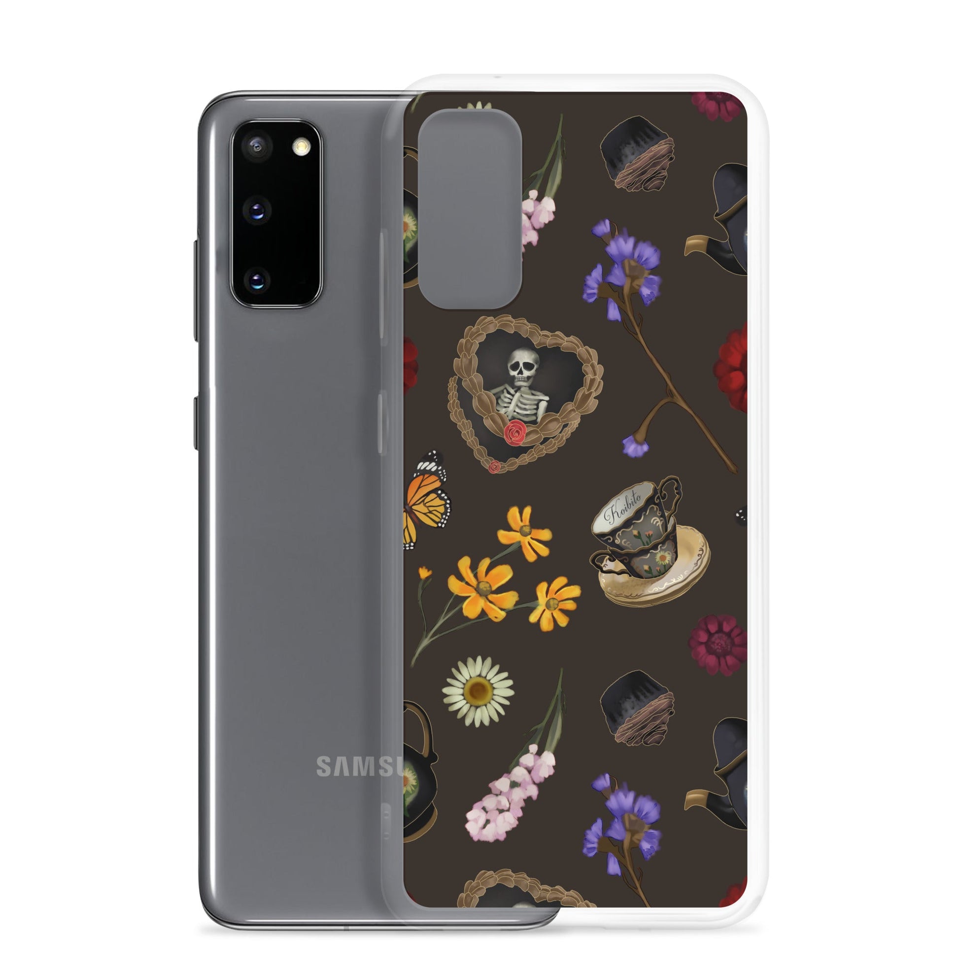 Gothic Tea Time Samsung® Clear Case with floral and skull designs, offering stylish protection for your device.