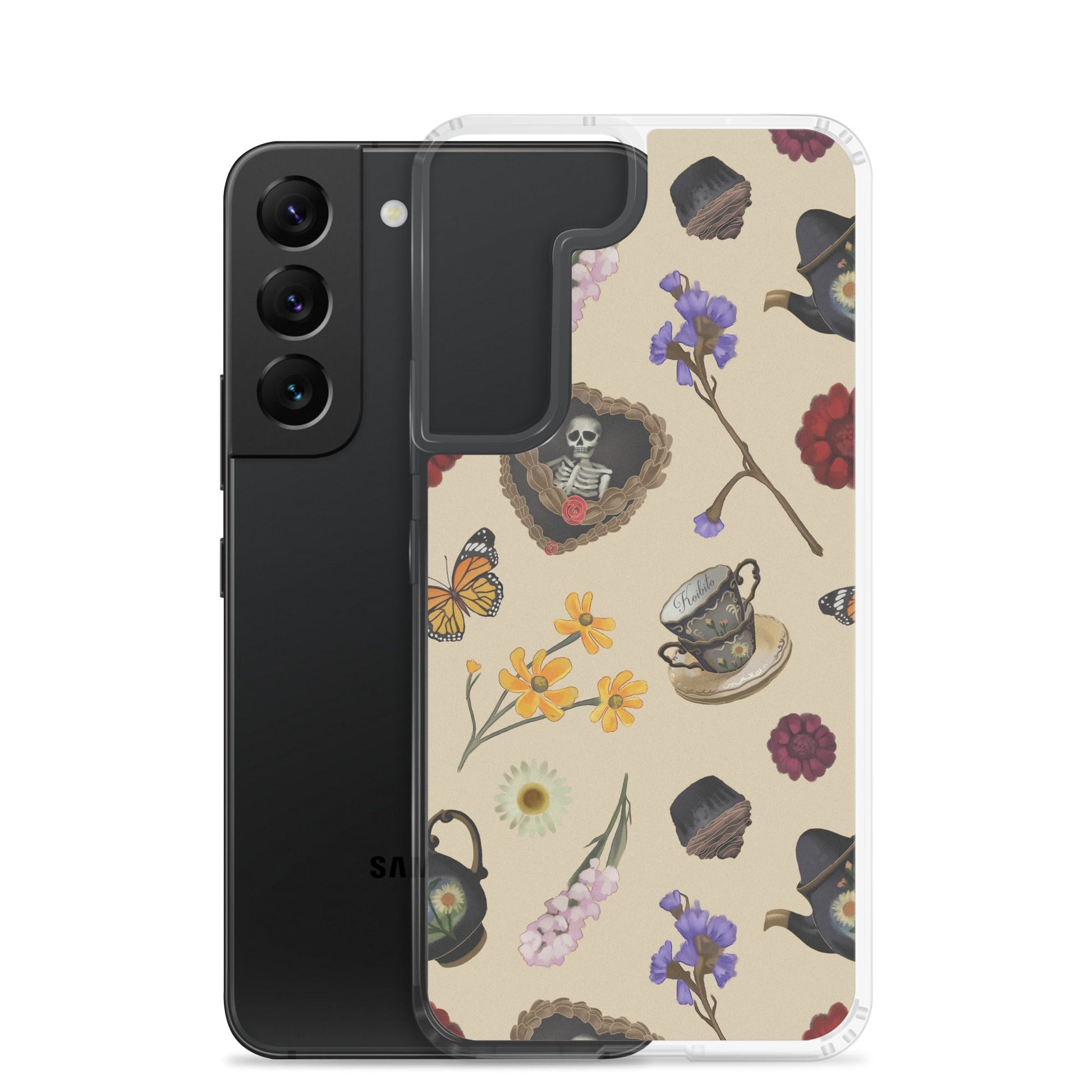 Stylish Gothic Tea Time Samsung® Clear Case with floral and skull designs, offering excellent protection for your device.