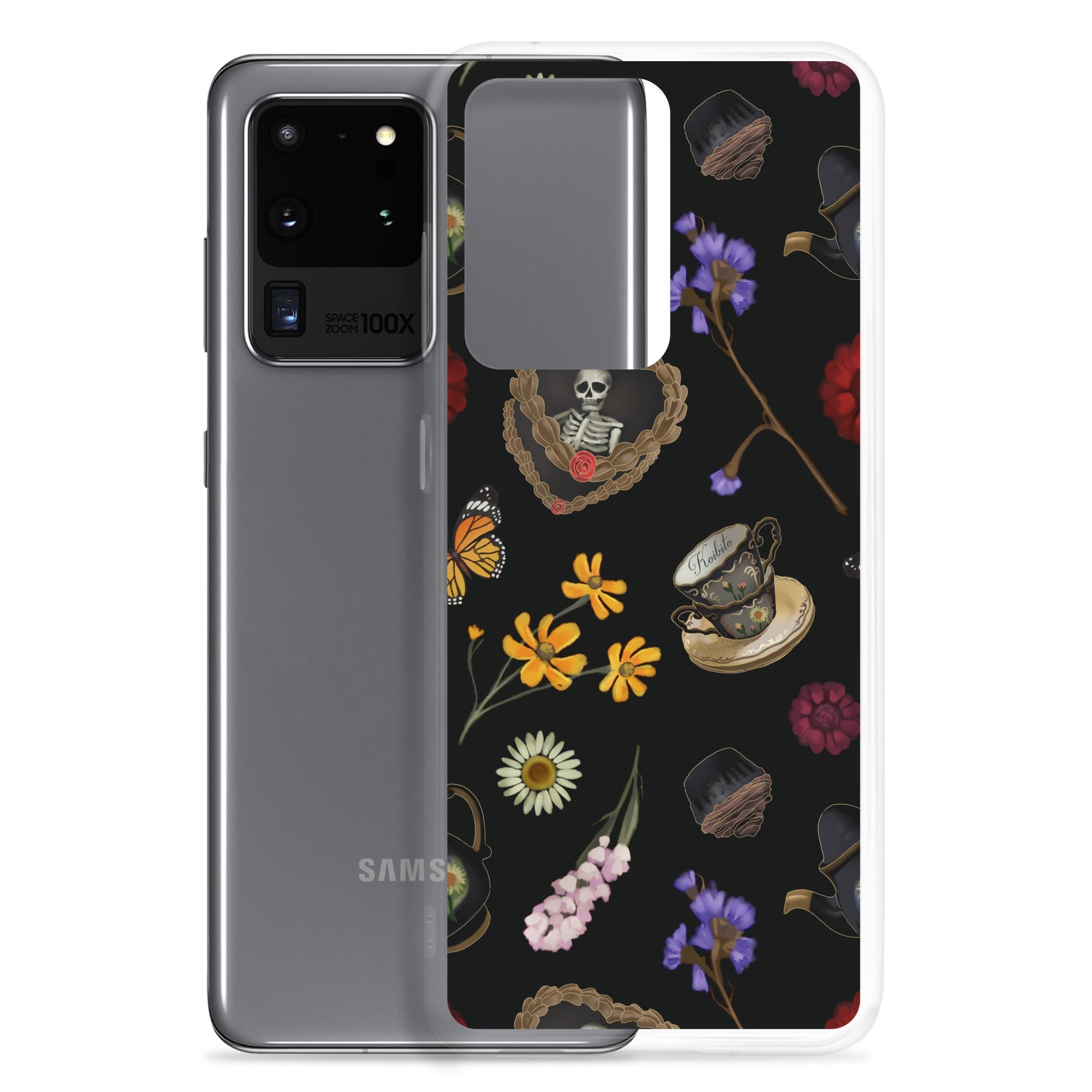 Elegant Gothic Tea Time Samsung® Clear Case features a protective design with vibrant floral and skull graphics.