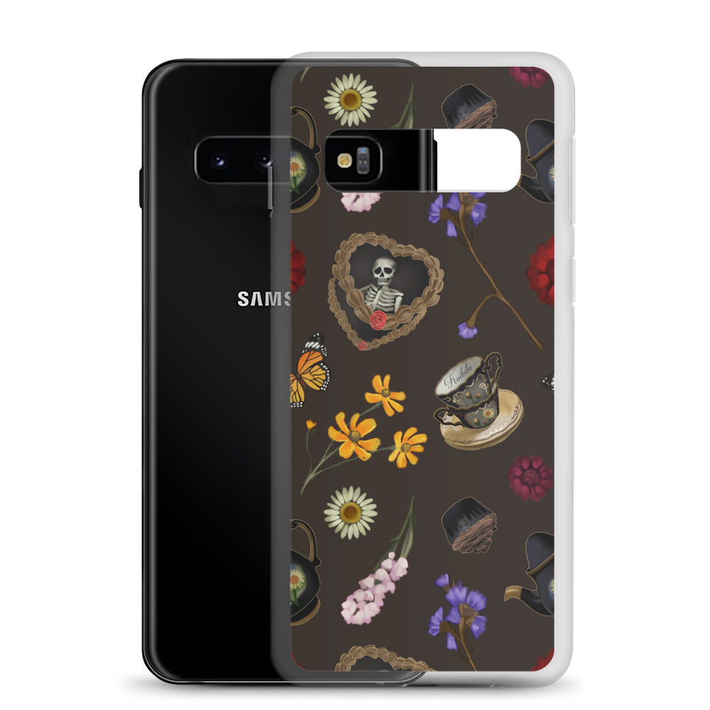 Stylish Gothic Tea Time Samsung® Clear Case featuring floral and skull designs, perfect for phone protection.