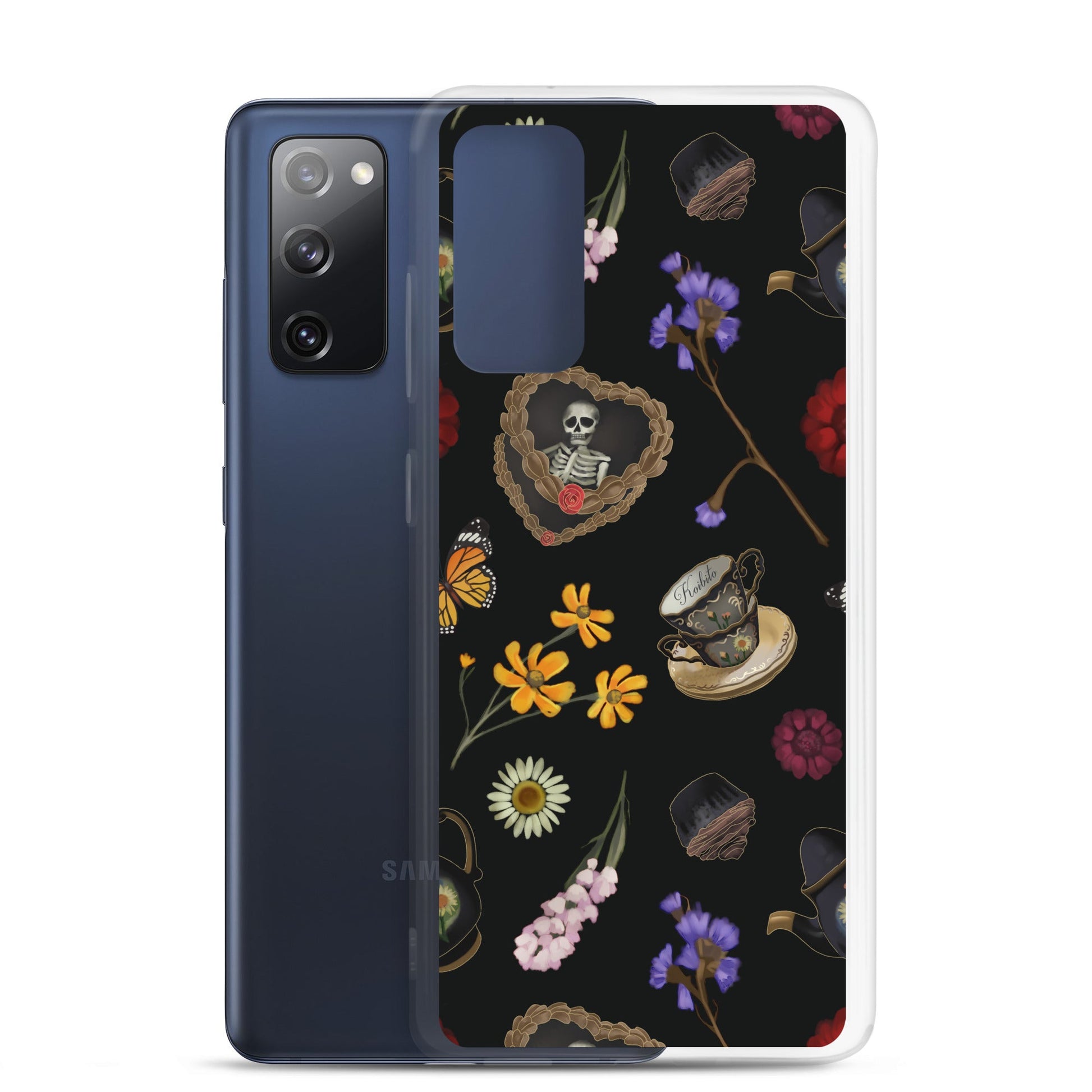 Gothic Tea Time Samsung® Clear Case featuring a sleek design with floral and skull motifs for stylish protection.