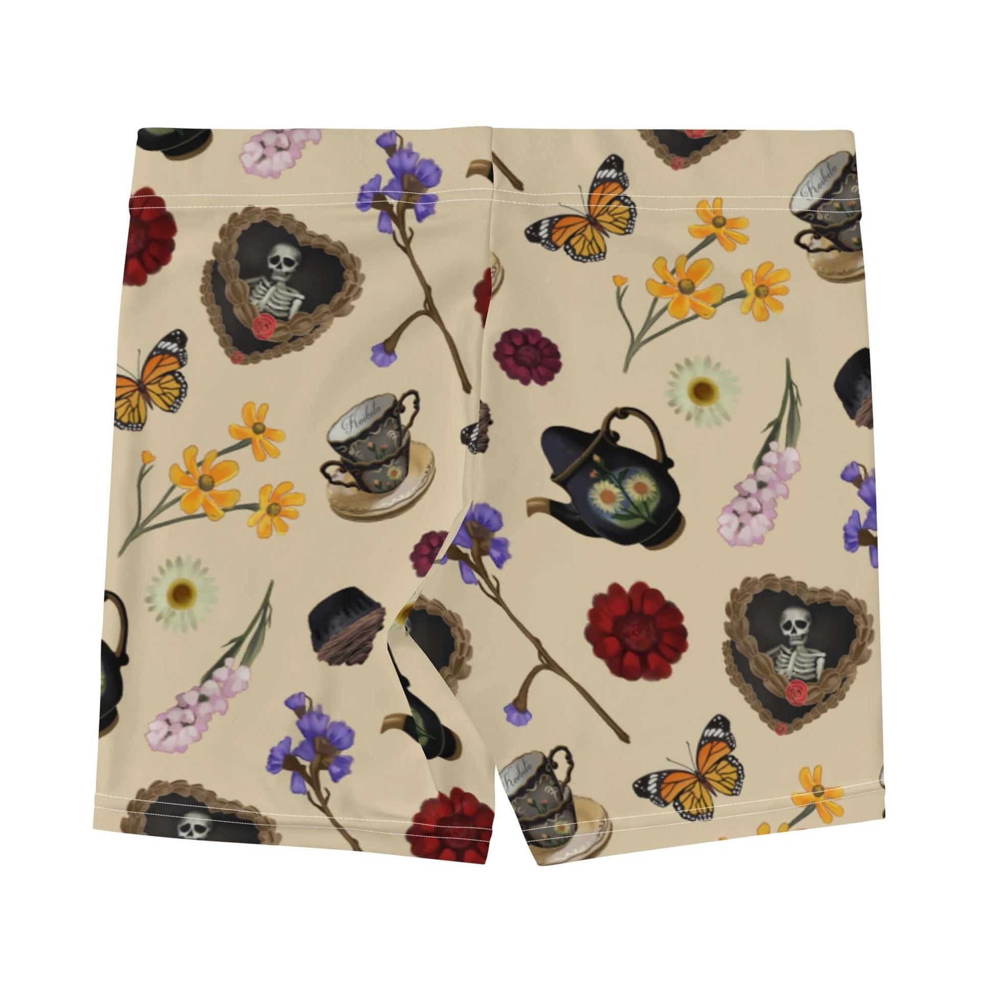 Gothic Tea Time Shorts feature a unique floral and skull design, perfect for comfort and style in any setting.